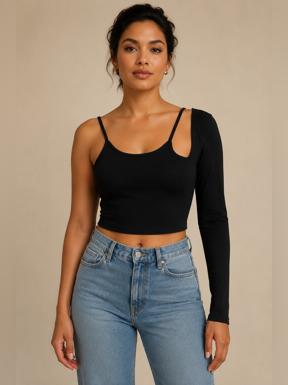 Pull&Bear Black Asymmetric One Sleeve Cutout Crop Top Women’s Medium